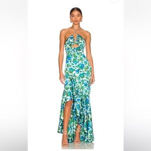 Amur Edie High Low Tie Neck Maxi Gown in Cerulean Lotus Floral Block Print